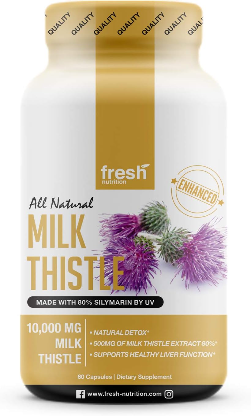 Milk Thistle Capsules - Strongest Available 10,000mg 80% Silymarin - Organic Cleanse & Detox Support Supplement - Extract Powder in Capsule Pill Form - Made in The USA