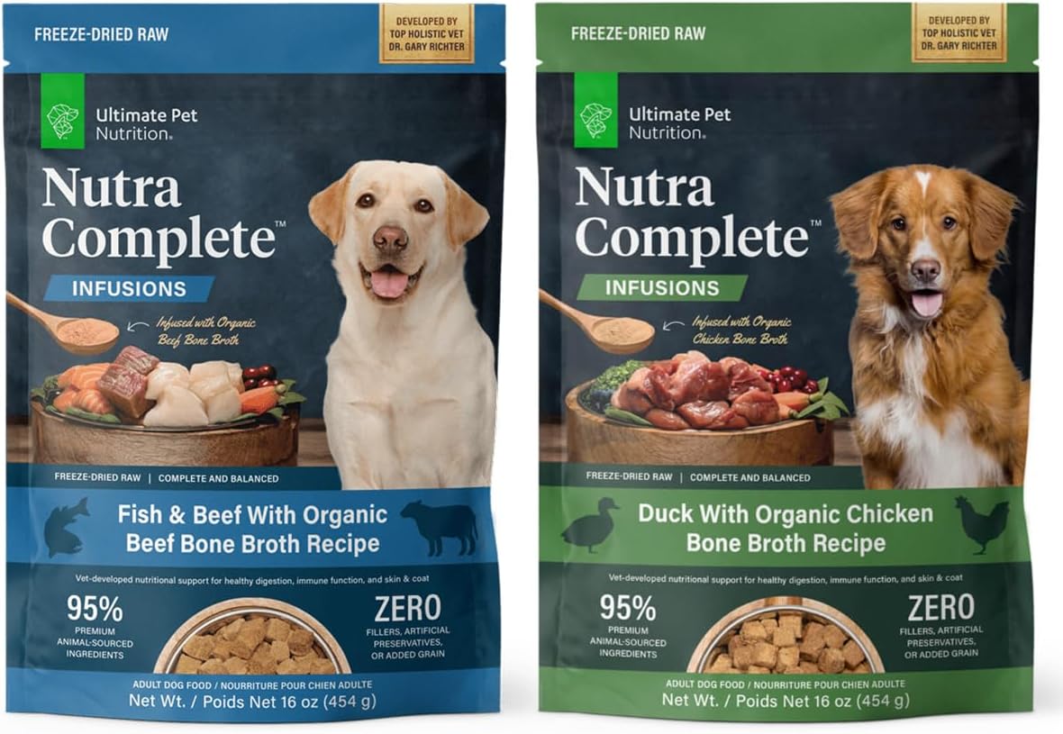 Ultimate Pet Nutrition Nutra Complete Bone Broth Infusions, 100% Freeze Dried Veterinarian Formulated Raw Dog Food With Antioxidants Prebiotics And Amino Acids, 1Lb Duo Bundle