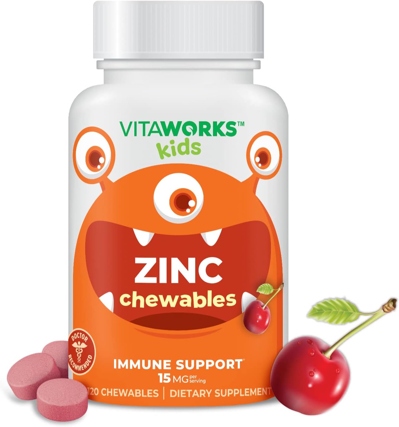 Kids Zinc 15mg Chewable Tablets - Natural Cherry Flavor - Vegan, Vegetarian, GMO-Free, Gluten Free, Nut Free Vitamins - Dietary Supplement for Immune Support - for Children - 120 Chewables