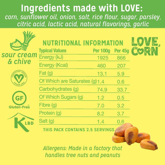 Love Corn Sour Cream & Chive Crunchy Corn Snack 115G X 6 Bags – Healthy Snacks Ideal For Gluten Free & Vegan Diets – Low Sugar Alternative For Crisps, Mixed Nuts & Pretzels – Perfect To Graze On