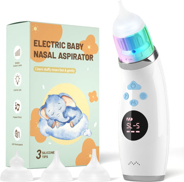 Nasal Aspirator for Baby - Electric Baby Nose Sucker, Automatic Nose Cleaner for Toddler - Waterproof Booger Sucker with 3 Silicone Tips, 5 Levels Adjustable Suction, Soothing Music & Colorful Light