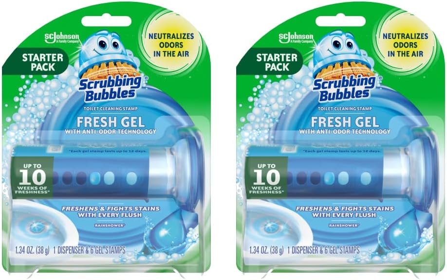 Scrubbing Bubbles Toilet Gel Stamps, Fresh Gel Toilet Cleaning Stamps, Helps Keep Toilet Clean And Helps Prevent Limescale & Toilet Rings, Rainshower Scent, 1 Dispenser + 6 Stamps, 2 Pack