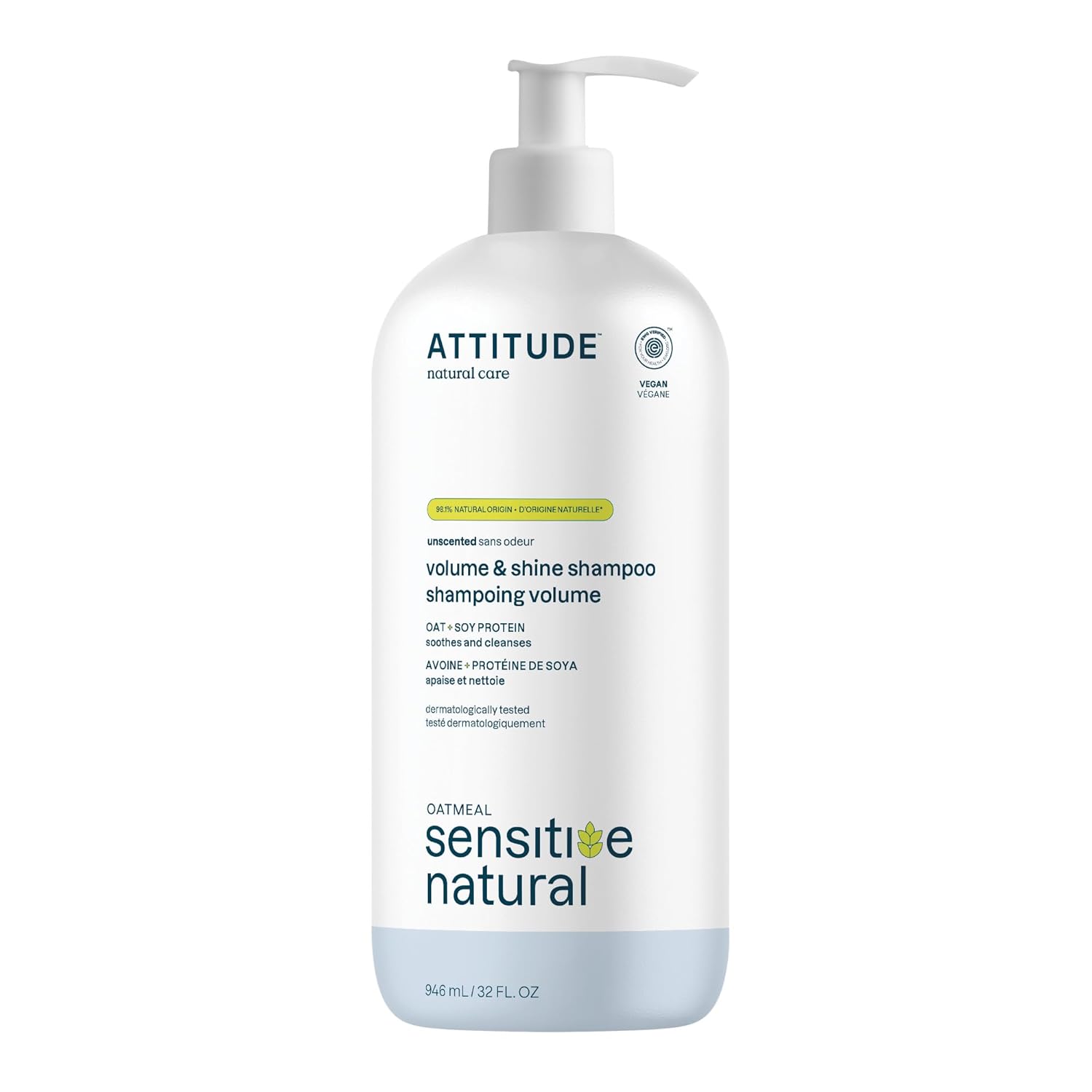 ATTITUDE Volume and Shine Hair Shampoo for Sensitive Dry Scalp, EWG Verified, Soothing Oat, For Thin Hair, Naturally Dervied Ingredients, Vegan and Plant-Based, Unscented, 32 Fl Oz
