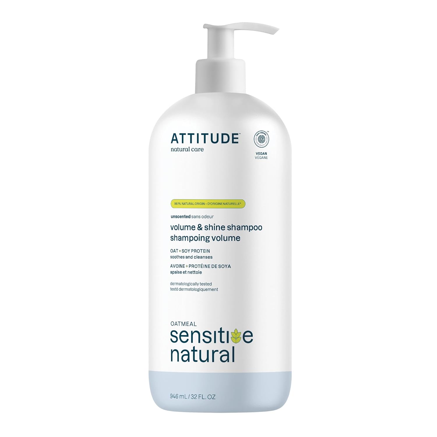 Attitude Hair Shampoo For Sensitive Dry Scalp, Ewg Verified, Soothing Oat, For Thin Hair, Naturally Derived Ingredients, Vegan And Plant-Based, Volume And Shine, Unscented, 32 Fl Oz