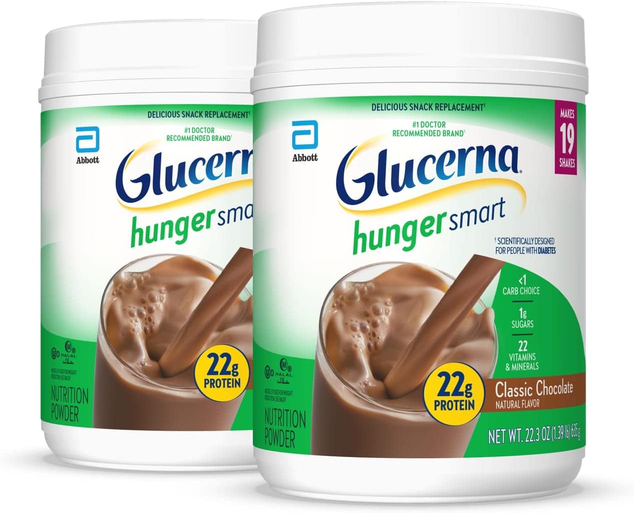 Glucerna Hunger Smart Powder, Diabetic Nutrition, Blood Sugar Management, 22G Protein, 130 Calories, Classic Chocolate, 22.3-Oz Tub, 2 Count