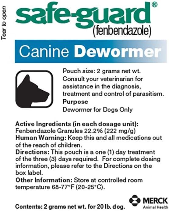 SAFE-GUARD (fenbendazole) Canine Dewormer for Dogs, 2gm pouch (ea. pouch treats 20lbs.), Blue, 0.07 Ounce (Pack of 3) (033576/001-033576) : Pet Wormers : Pet Supplies