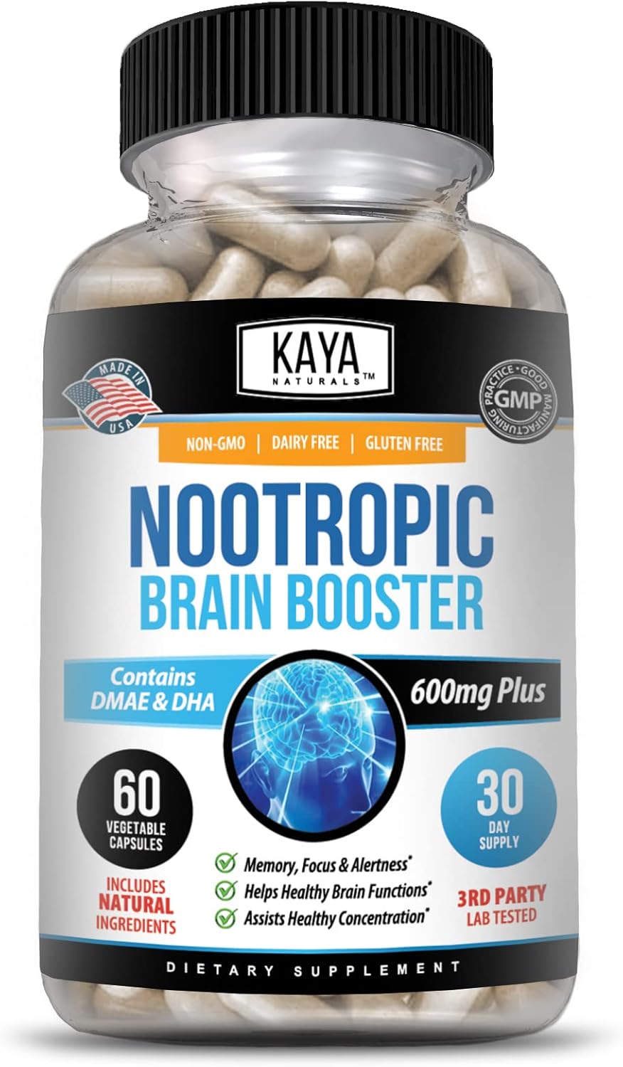Kaya Naturals - Nootropic Brain Booster - For Memory & Focus - Brain Support Supplement - Focus & Concentration & Learning Accuracy - Cognitive Function - 60 Count