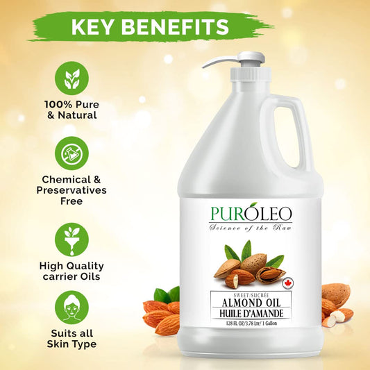 Puroleo Sweet Almond Oil 64 Fl Oz/1900 Ml 100% Natural And Pure | Moisturizer & Carrier Oil | Beauty & Diy Blends, Massage Oil, Body Oil, Hair Oil And Baby Oil | Made From Almonds Raw