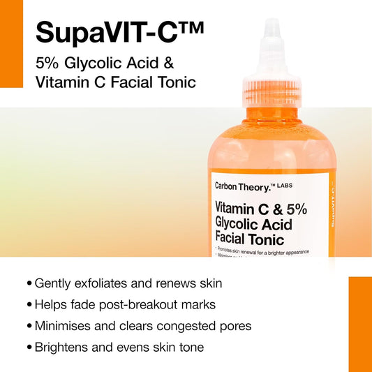 Carbon Theory Supavit-C Vitamin C Skin Toner For Face - 5% Glycolic Acid Toner & Blemish Control Cleanser - Reduces Excess Oil & Minimises Pores - Exfoliating Vegan Facial Tonic - 250Ml