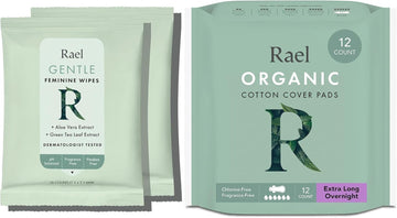 Rael Bundle - Flushable Feminine Wipes (10 Count, Pack Of 2) And Organic Cotton Cover Pads Extra Long Overnight (12 Count)