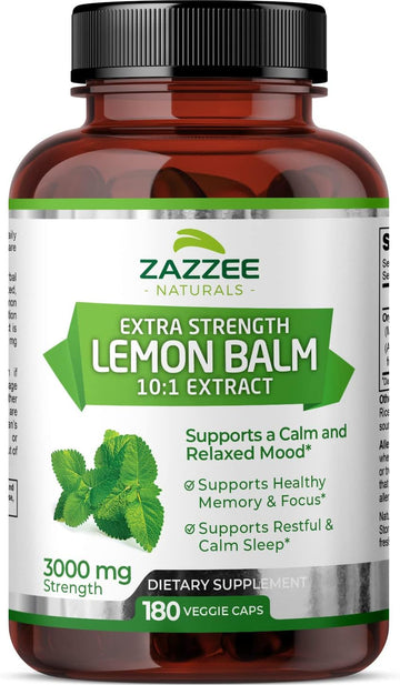 Zazzee Organic Lemon Balm 10:1 Extract, 3000 Mg Strength Per Capsule, 180 Vegan Capsules, 6 Month Supply, Standardized And Concentrated 10X Extract, 100% Vegetarian, All-Natural And Non-Gmo