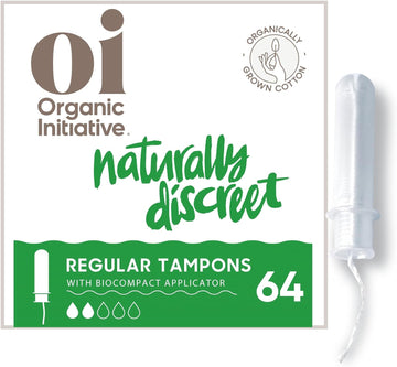 Oi | Organic Initiative - Tampons | Regular Absorbency | Organic Cotton, Unscented | Toxin Free, BPA-Free, Plant-Based BioCompact Applicator | 4x16 Pack (64 Count)