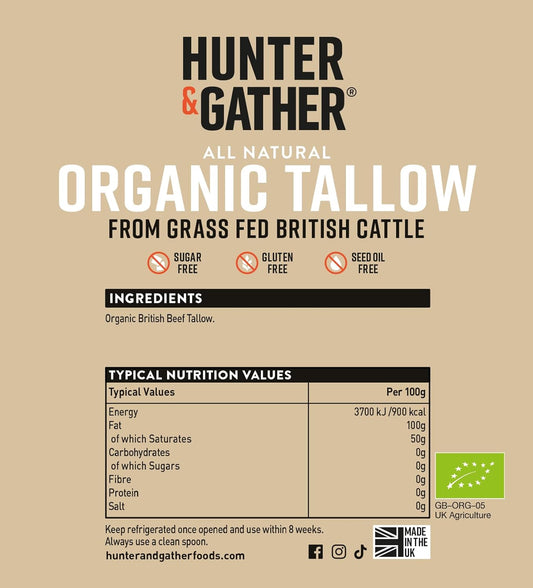 Hunter & Gather Organic Beef Tallow From Grass Fed British Cows 450G | Gluten Free, Seed Oil Free | Keto, Low Carb, Paleo I Ancestrally Inspired Nutrition I Simply 1 Ingredient I Glass Jar