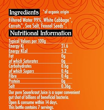 The Cultured Food Company Organic Carrot & Fennel Sauerkraut Juice 2 X 500Ml – Vegan – Unpasteurised – Probiotic Drink – Raw Fermented Cabbage – Gut Health Support – Detox Juice – Irish Made