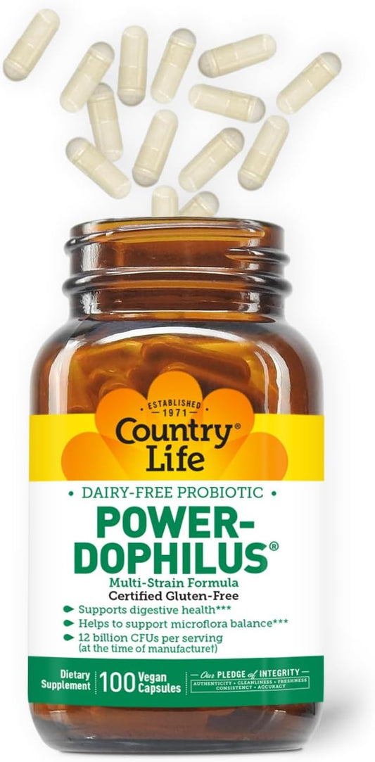 Country Life Acidophilus Probiotic - 12 Billion Cfus - 4 Strains For Digestive Health - Maktrek Delivery - Certified Gluten-Free, Vegan - Free Of Gmos, Artificial Colors, Flavors - 200 Capsules