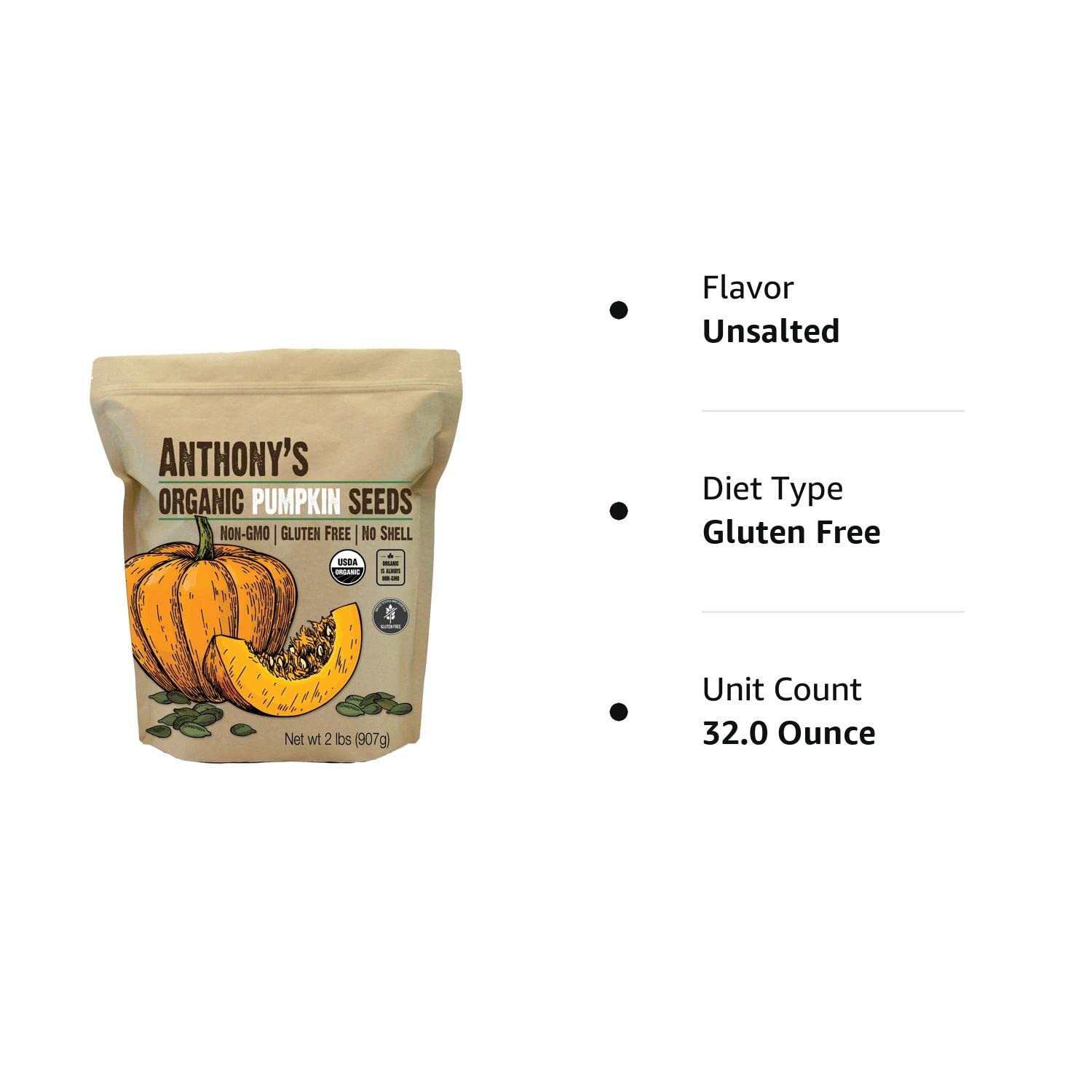 Anthony's Organic Pumpkin Seeds, 2 lb, Gluten Free, Non GMO, No Shell, Unsalted, Raw : Grocery & Gourmet Food