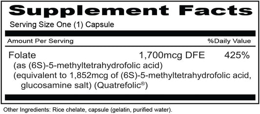 Priority One Vitamins 5-MTHF 1mg Folate Supplement Bioavailable Active Form Vitamin B9 120 Vegetarian Capsules [6]-5-Methyltetrahydrofolate Methylation