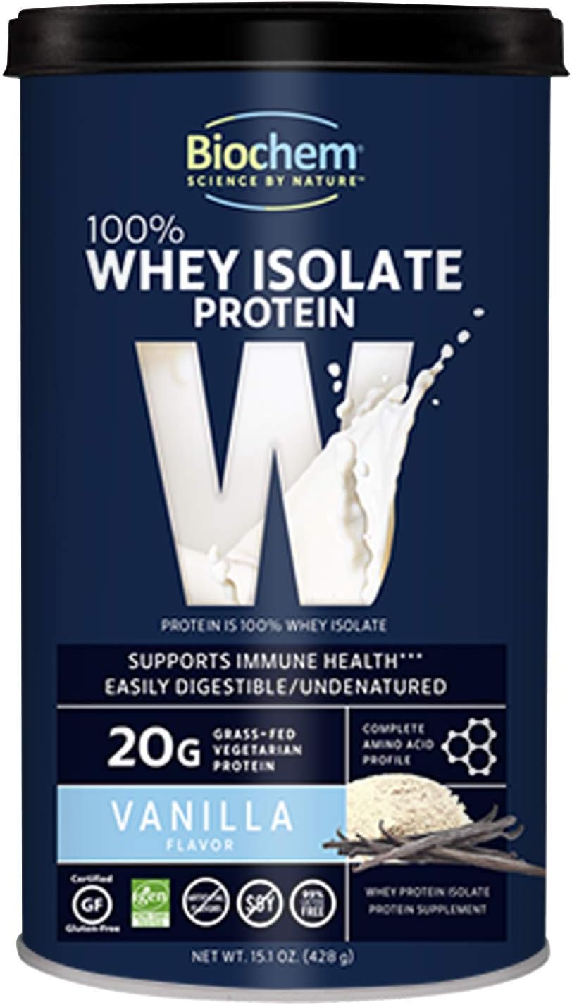 Biochem 100% Whey Isolate Protein - Vanilla Flavor - 15.1 Ounce - Buy 1 Get 1 Free - Supports Immune Health - Easily Digestible - Refreshing Taste - 20G Vegetarian Protein - Amino Acids