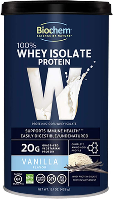 Biochem 100% Whey Isolate Protein - Vanilla Flavor - 15.1 Ounce - Buy 1 Get 1 Free - Supports Immune Health - Easily Digestible - Refreshing Taste - 20G Vegetarian Protein - Amino Acids