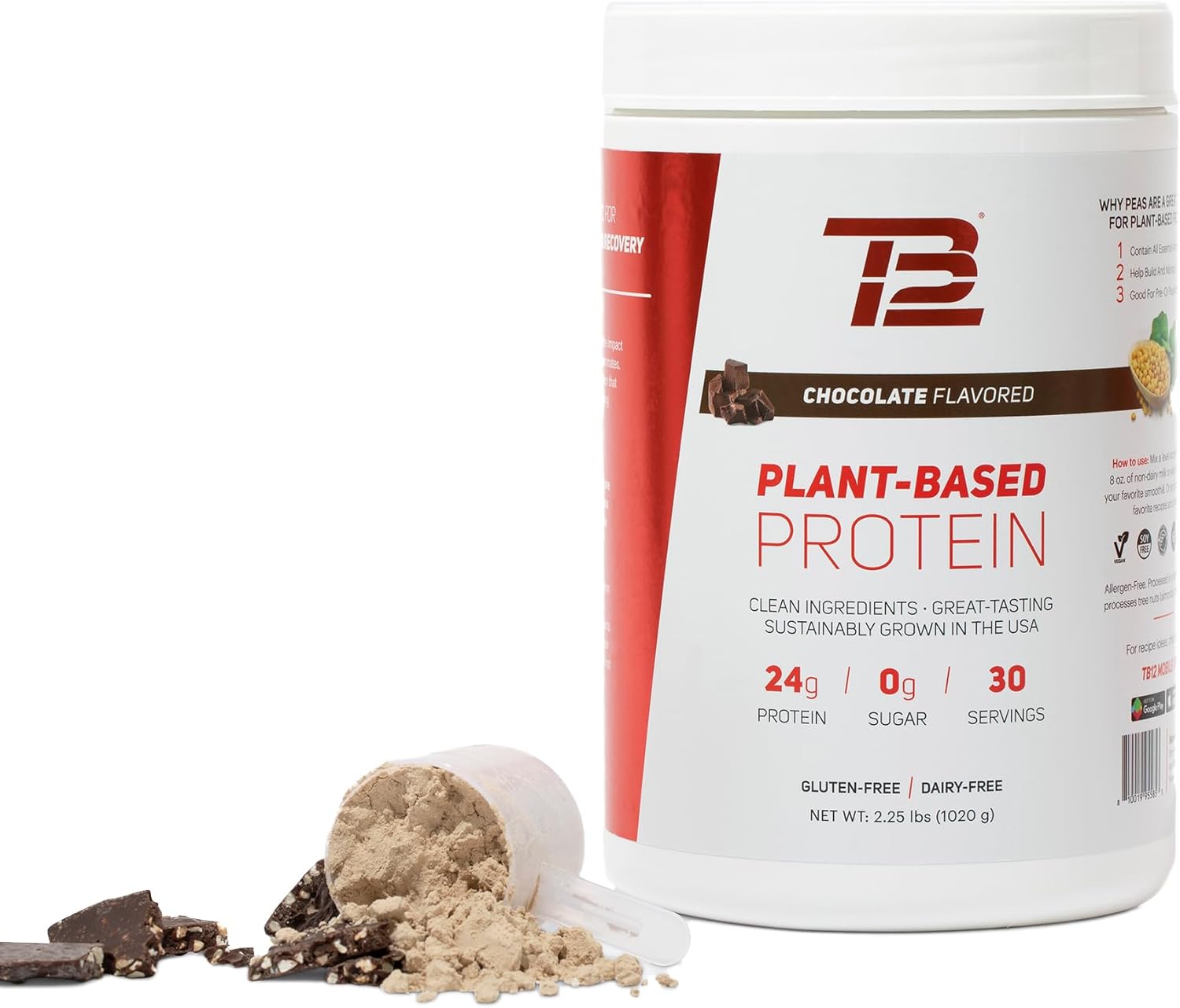 Tb12 Plant Based Protein Powder By Tom Brady, 24G Of Vegan Pea Protein, Low Sugar, Low Carb, Non-Gmo, Meal Replacement, Keto Friendly, Paleo, Sugar Free, Chocolate Flavor (30 Servings/2.25Lbs)