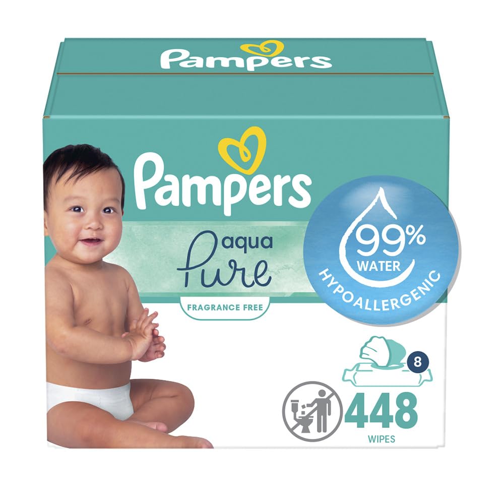 Pampers Aqua Pure Sensitive Baby Wipes, 99% Water, Hypoallergenic, Unscented Baby Wipes, 448 Baby Wipes Total (8 Flip-Top Packs)