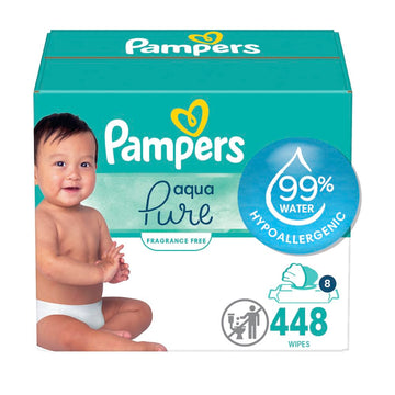 Pampers Aqua Pure Sensitive Baby Wipes, 99% Water, Hypoallergenic, Unscented Baby Wipes, 448 Baby Wipes Total (8 Flip-Top Packs)