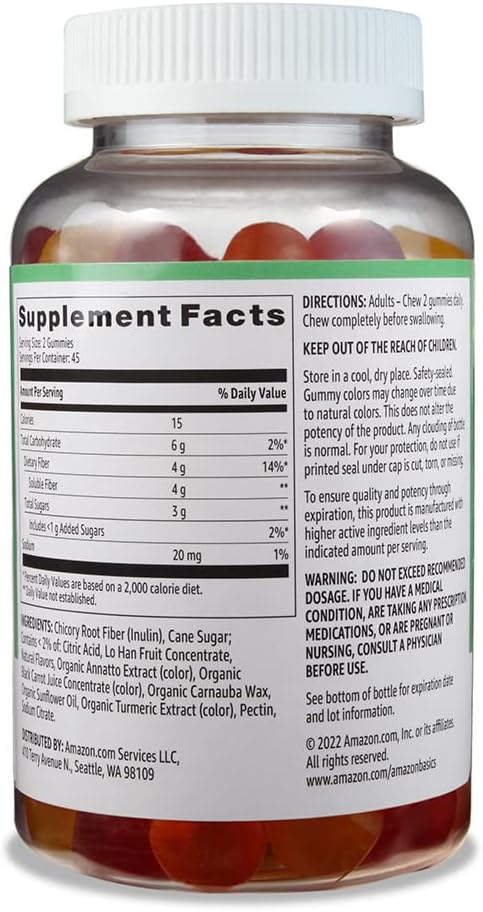 Amazon Basics (Previously Solimo) Fiber 4G Gummy - Digestive Health, Supports Regularity, Orange, Lemon & Strawberry, 90 Gummies (2 Per Serving)