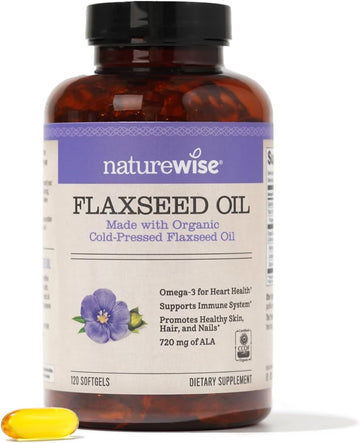 Naturewise Flaxseed Oil 1200 Mg, Fish Free Omega 3 Supplement With 720Mg Ala, Omega 3 6 9, Heart Health Support - Made With Organic, Cold Pressed Oil, Non-Gmo - 120 Softgels[4-Month Supply]