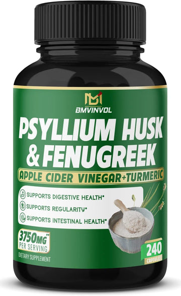 BMVINVOL Psyllium Husk Capsules 3750mg - 4 Months Supply - Fenugreek, Apple Cider Vinegar, Turmeric - Fiber Supplement for Supports Digestive Health & Regularity (240 Count)