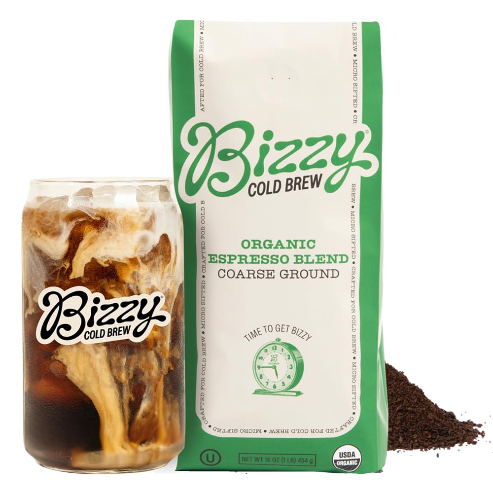 Bizzy Organic Cold Brew Coffee | Espresso Blend | Coarse Ground Coffee | Medium-Dark Roast | Micro Sifted | Specialty Grade | 100% Arabica | 1 Lb