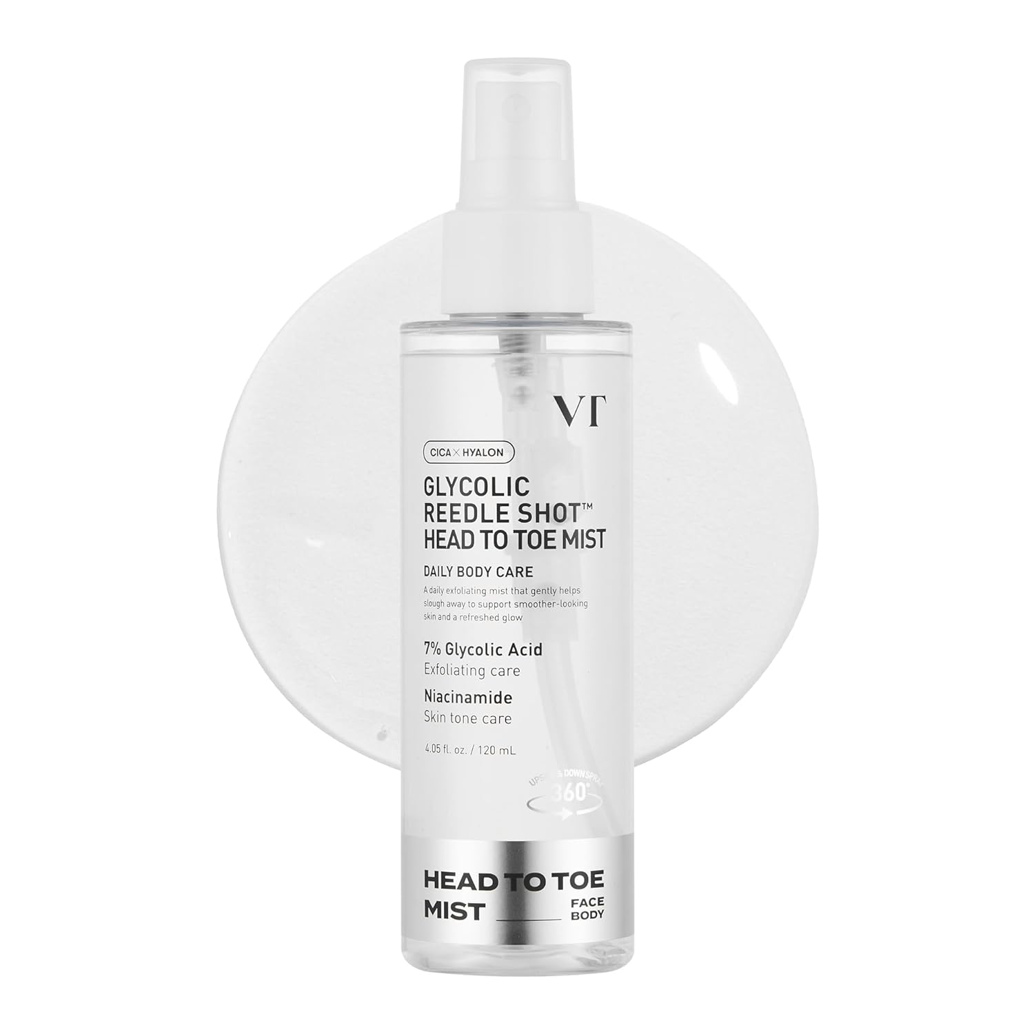 Vt Cosmetics 7% Glycolic Acid Reedle Shot Head-To-Toe Mist With Niacinamide, Exfoliating Spray For Bumpy & Strawberry Skin, Dark Spots, Skin Texture, Keratosis Pilaris, Korean Skincare (4.05 Fl Oz)