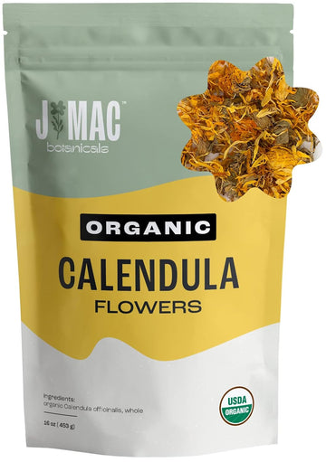 J Mac Botanicals, Organic Calendula Flower (16 ounce), whole dried flowers and petals, loose leaf tea, marigold flower, USDA Certified Organic. Great for loose leaf teas, cocktail bombs, salve