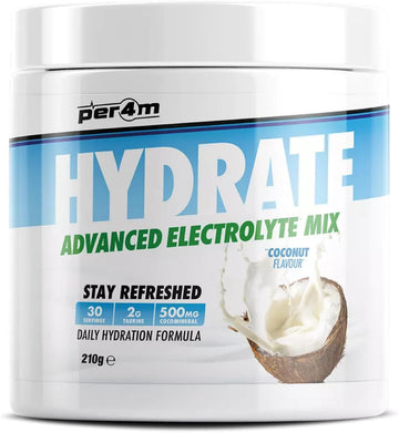 Per4M Hydrate Electrolyte Mix Powder | 500Mg Cocomineral | Replenish Essential Electrolytes | Aiding Muscle Function, Cardiovascular Health, Neurological Support (Coconut, 210G)