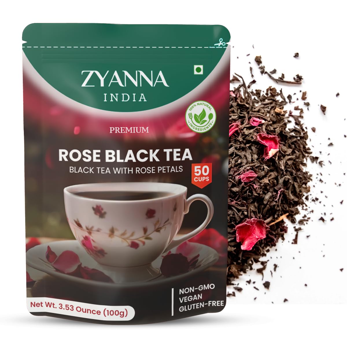 Zyanna Rose Petals Black Tea, Premium Loose Leaf Black Tea With Rose Petals, Loose Leaf With Natural Ingredients 3.53Oz-100G-50 Cups (Brew Hot Or Iced Tea)