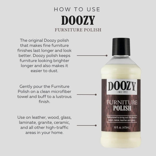 Doozy 64 oz Furniture & Cabinet Polish for All Wood & Metal, Leather & Glass - Oak, Teak, Dark & Light Wood - Best to Clean, Restore, Protect, Shine & Conceal Fine Surface Scratches