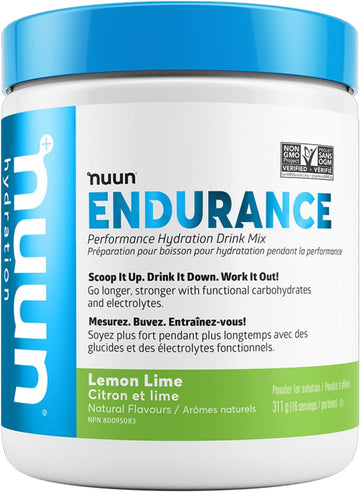 Nuun Hydration Endurance Powder, Lemon Lime | Workout Support |5 Essential Electrolytes For Hydration + Carbohydrates | Vegan, Non-Gmo | (16 Servings - Canister)