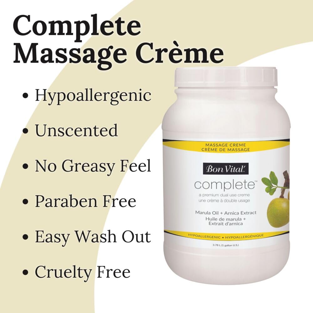Bon Vital Complete Massage Creme, Premium Dual Use Cream For Hypoallergenic Professional Massages, Non Greasy Unscented Moisturizer Made With Marula, Olive, Avocado, & Jojoba Oil, 1 Gallon : Health & Household