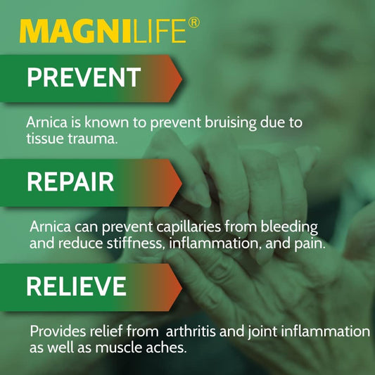 Magnilife Arnica Pain Relief Gel, Fast Acting Neck And Back Pain Relief, With Eucalyptus And Emu Oil To Soothe Soreness, Inflammation And Discomfort - 4Oz