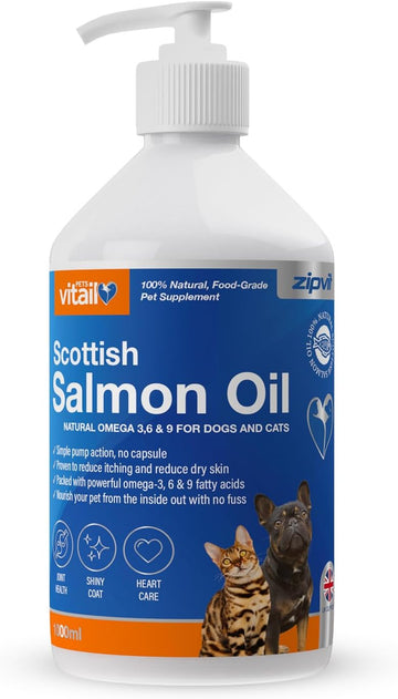 Zipvit Salmon Oil For Dogs 1 Litre, 100% Pure Scottish Salmon Oil. Natural Omega 3, 6 & 9 Supplement For Dogs And Cats. Supports Healthy Coat And Skin And Maintains Joint And Brain Health