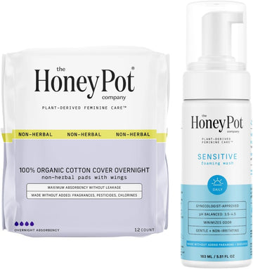 The Honey Pot Company - Non-Herbal Overnight Pads & Sensitive Feminine Wash Bundle - Cotton Cover & Natural Hygiene Feminine Products - Sanitary Pads For Women - Feminine Care - Fsa & Hsa Eligible