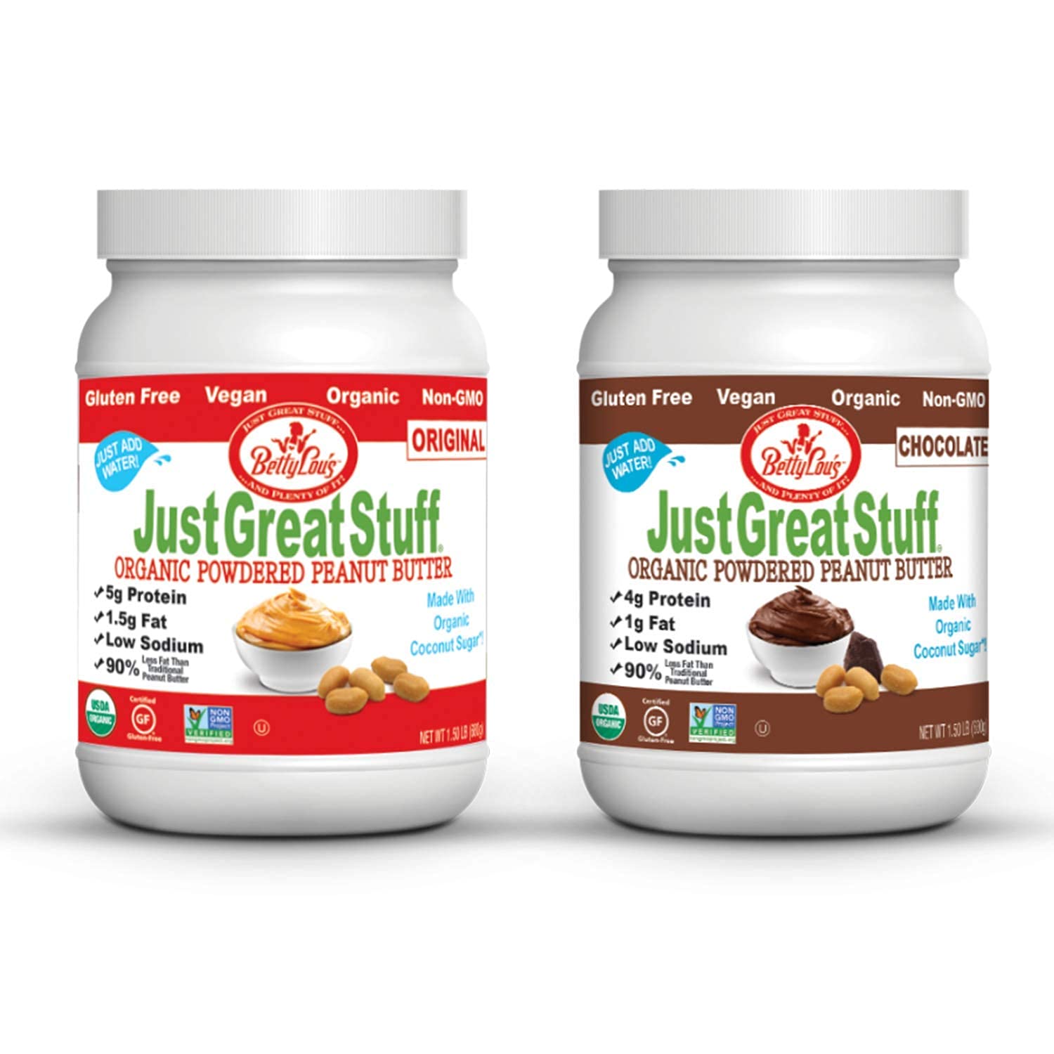 Betty Lou'S 100% Organic Powdered Peanut Butter Bundle: (1) Regular & (1) Chocolate, 1.5 Lb, Gluten Free, Vegan, Low Calorie, High Protein, Deliciously Healthy, Just Add Water