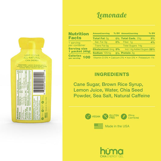 Huma Chia Energy Gel, Lemonade, 12 Gels, 1X Caffeine - Premier Sports Nutrition For Endurance Exercise