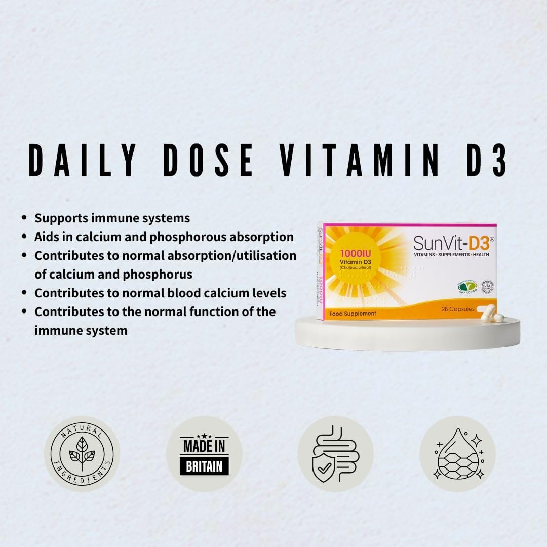 Sunvit-D3 Vitamin D 1000iu - 28 Vitamin D Capsules | Vegan Vitamin D3 Capsules | Halal Vitamin d Supplement | Vitamin D3 Capsules Support The Maintenance of Bone, Teeth & Muscle Function : Amazon.co.uk: Health & Personal Care