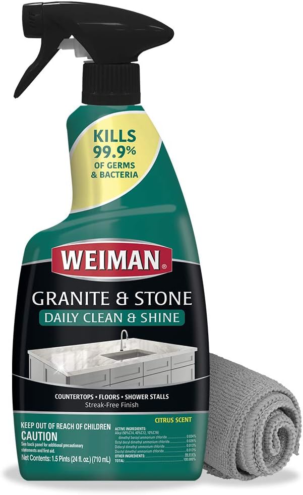 Weiman Disinfectant Granite Cleaner and Polish With Microfiber Cloth - Safely Clean Disinfect and Shine Granite Marble Soapstone Quartz Quartzite Slate Limestone Corian Laminate Tile Countertop
