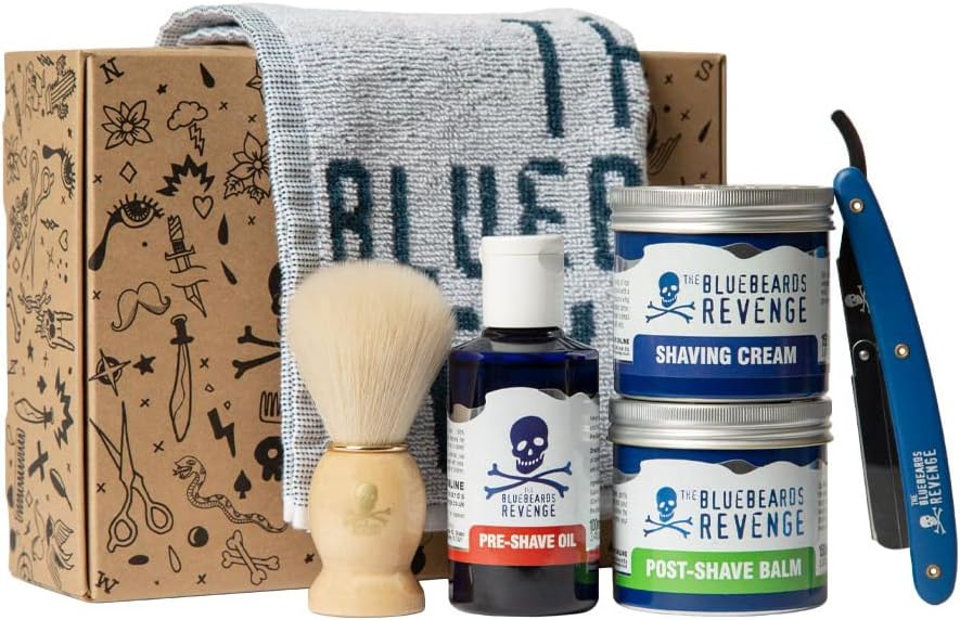 The Bluebeards Revenge, Cut-Throat Shaving Set, Men’S 6 Piece Gift Set, Pre-Shave Oil, Shaving Cream, Post-Shave Balm, Doubloon Shaving Brush, Cut-Throat Razor & Shaving & Hand Towel
