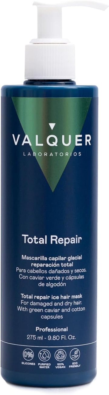 Valquer Total Repair Cold Effect Mask. Ultra Moisturizing, Repairing And Nourishing For Damaged And Dry Hair With Phytocold, Macadamia Oil And Blueberry Extract. Vegan. 275 Ml