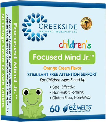 Creekside Naturals Focused Mind Jr., Focus And Memory Support For Children, Pediatrician Formulated, Stimulant Free Attention Support With Inositol, Zero Sugar, Vegan, Orange Cream Flavor, 60 Ez Melts