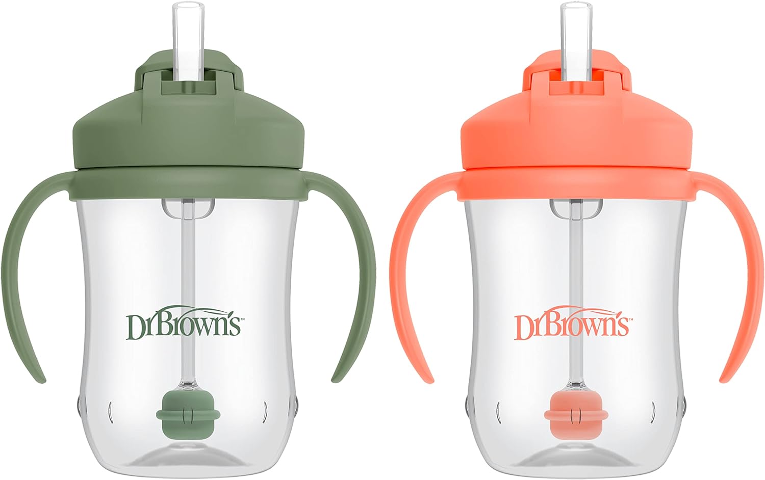 Dr. Brown'S Milestones, Baby'S First Straw Cup Sippy Cup With Straw, 6M+, 9Oz/270Ml, 2 Pack, Coral & Olive Green, Bpa Free