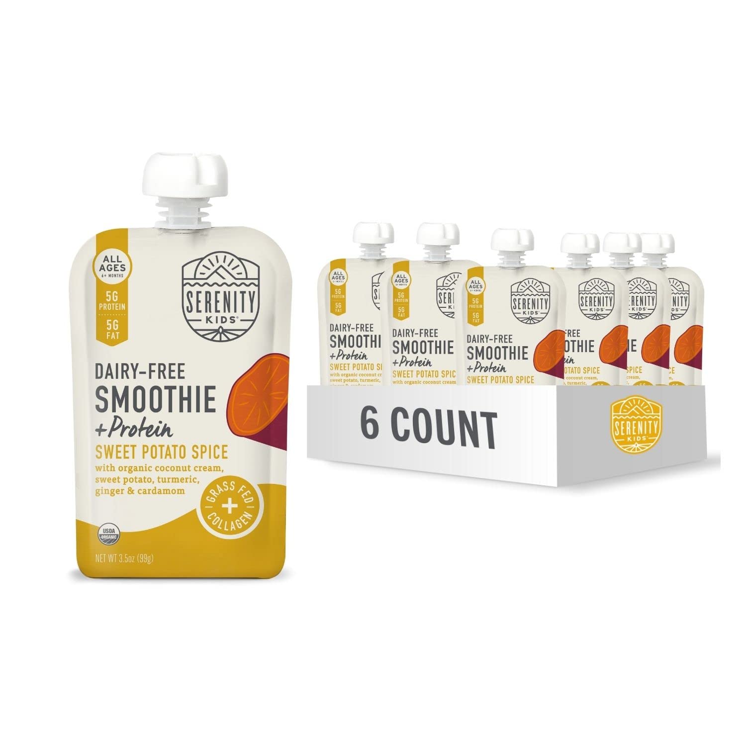 Serenity Kids 6+ Months Dairy-Free Smoothie Baby Food | Usda Organic | Grass Fed Collagen Protein | 3.5 Ounce Bpa-Free Pouch | Sweet Potato Spice | 6 Count