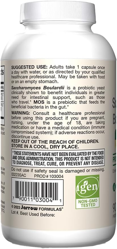 Jarrow Formulas Saccharomyces Boulardii Probiotics + Mos 5 Billion Cfu Probiotic Yeast For Intestinal Health Support, Gut Health Supplements For Women And Men, 180 Veggie Capsules, 180 Day Supply